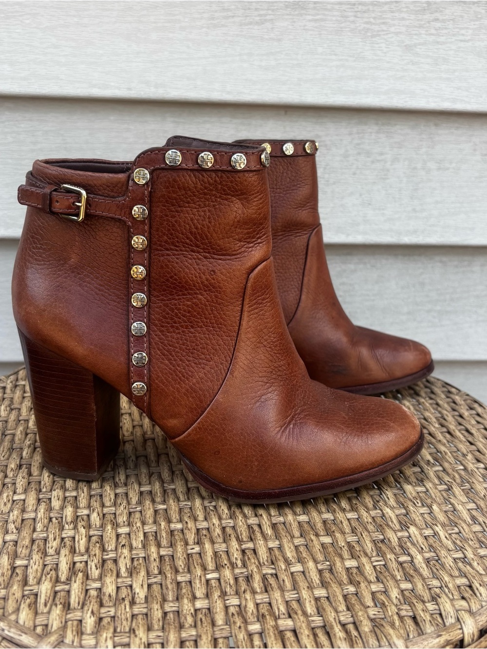 Tory Burch Cognac Brown Leather Studded Ankle Boots Heeled Booties Size 8 1/2